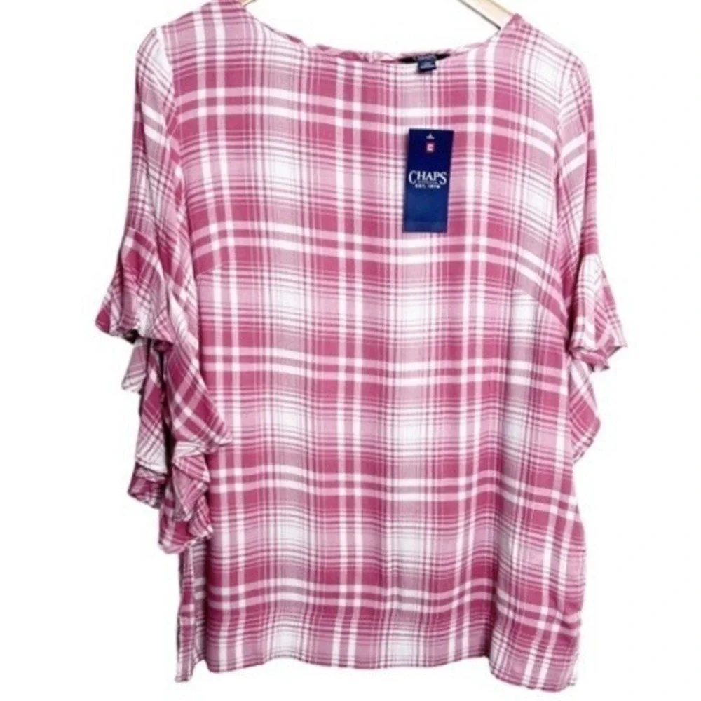 Chaps Womens NWT Pink Plaid Ruffle Tiered Sleeve Blouse Top Size Medium‎ NEW
